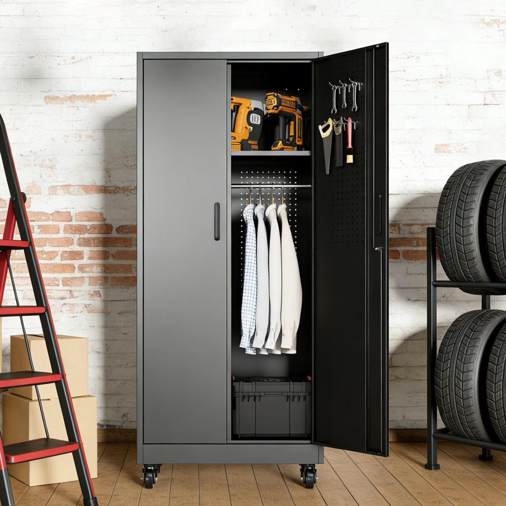 Rolling Metal Storage Locker Cabinet with Lockable Doors - Steel