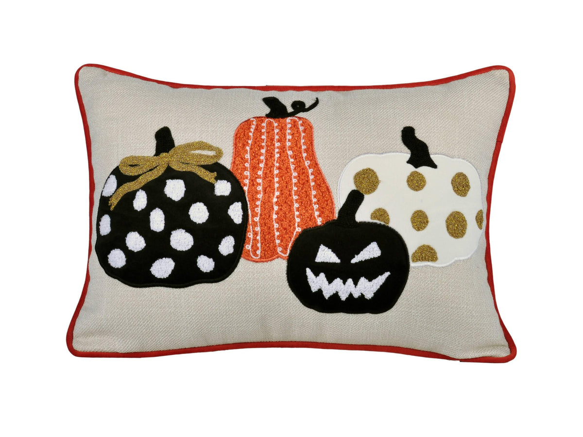 Embroidered Halloween Pumpkin Pillow with Polka Dot Linen – Multicolor