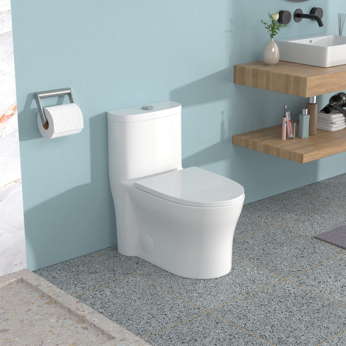 Dual Flush 1-Piece Toilet with Soft-Closing Seat - White