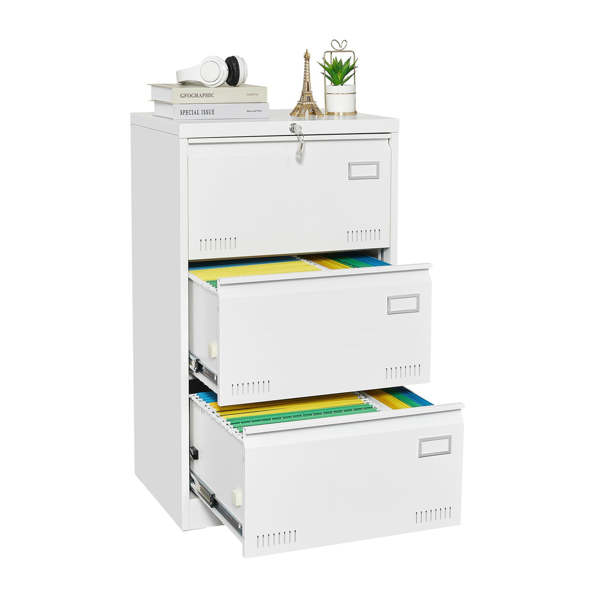 Locking Metal Filing Cabinet 3 Drawer - Multiple Sizes, Black or White