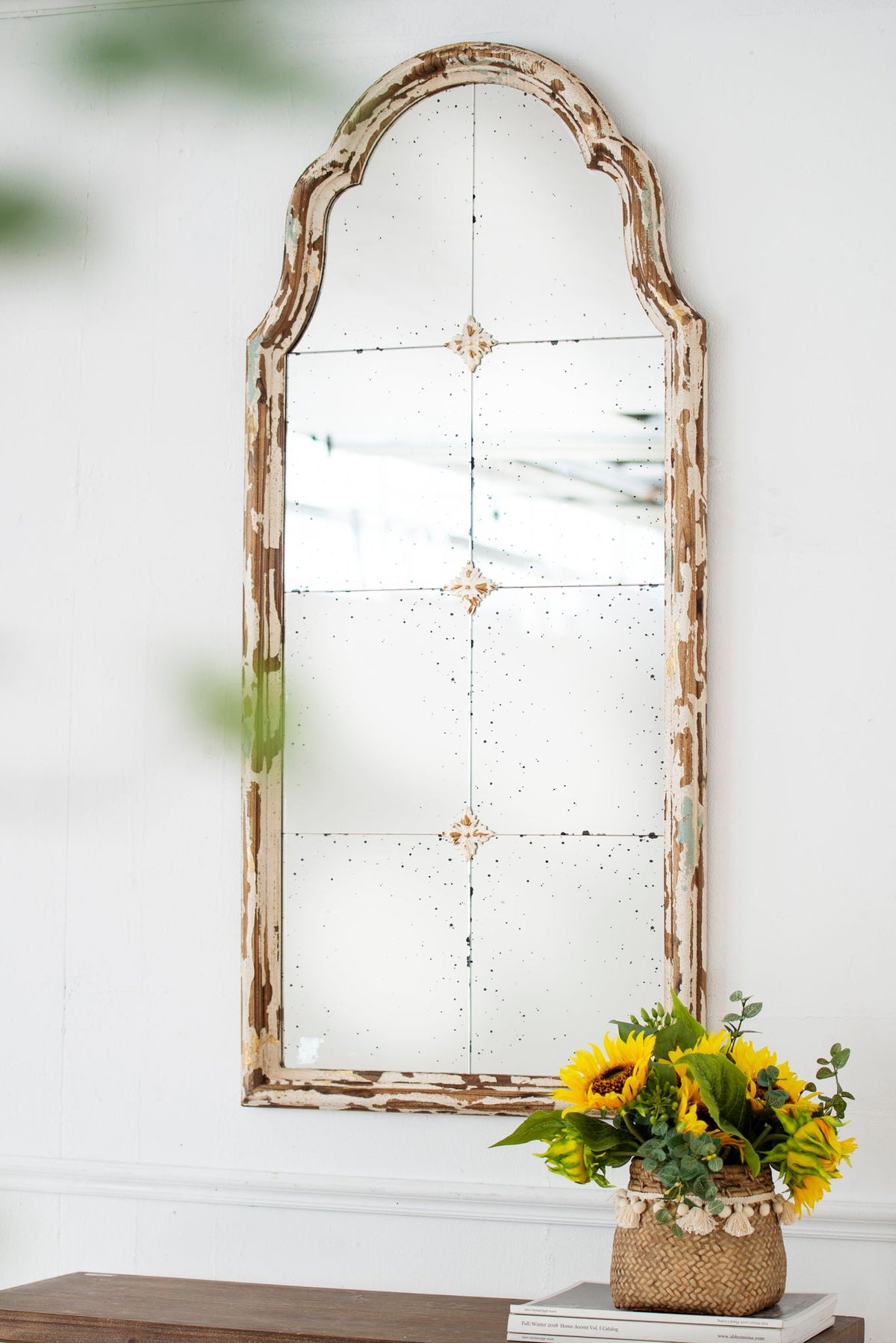 Large & Framed Arched Wall Mirror with Decorative Window Design - Cream