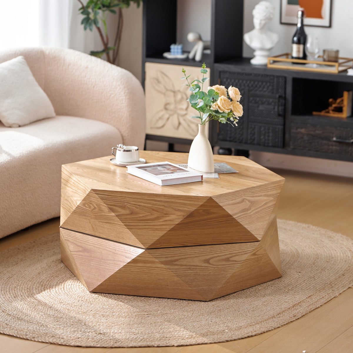 Retro Style Polygon Flip Top Coffee Table with Hidden Storage - Natural