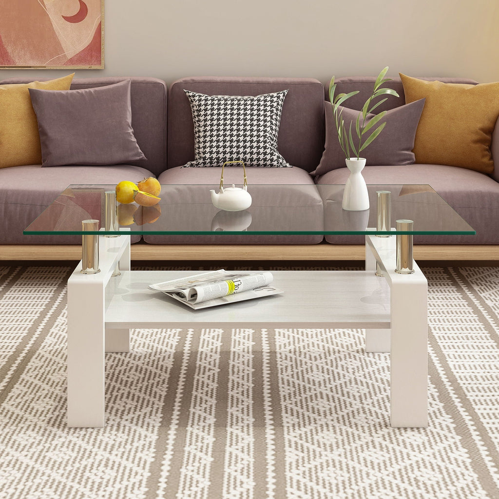 Modern Rectangular Coffee Table with Glass Top and Storage Shelf - White, Gray, Dark Gray, Dark Brown