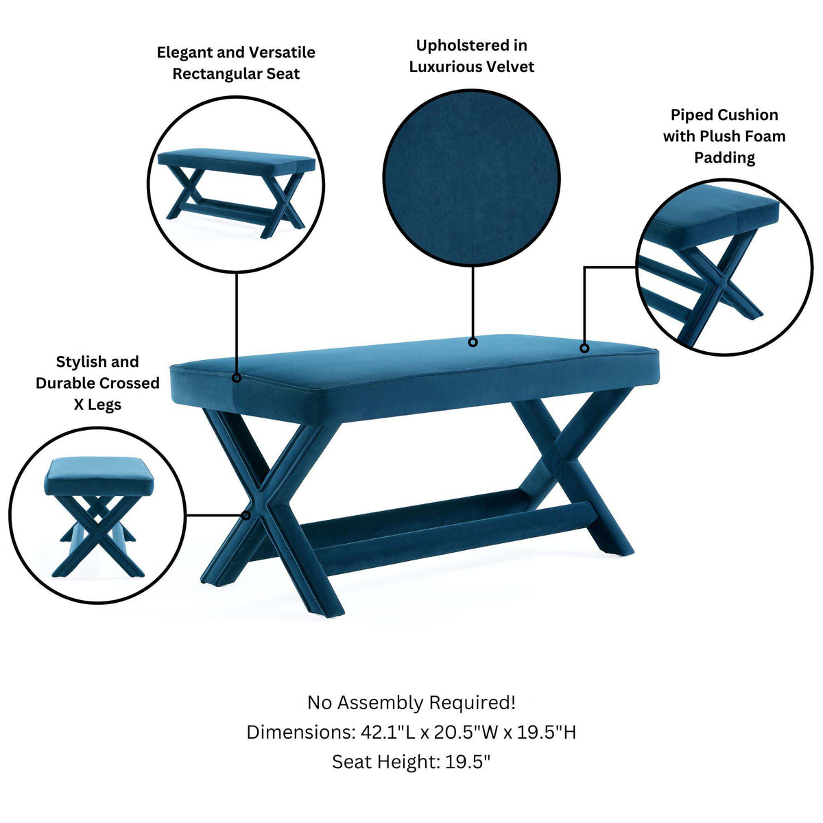 Accent Bench with Piped Cushion and Solid Wood Frame - Multiple Colors
