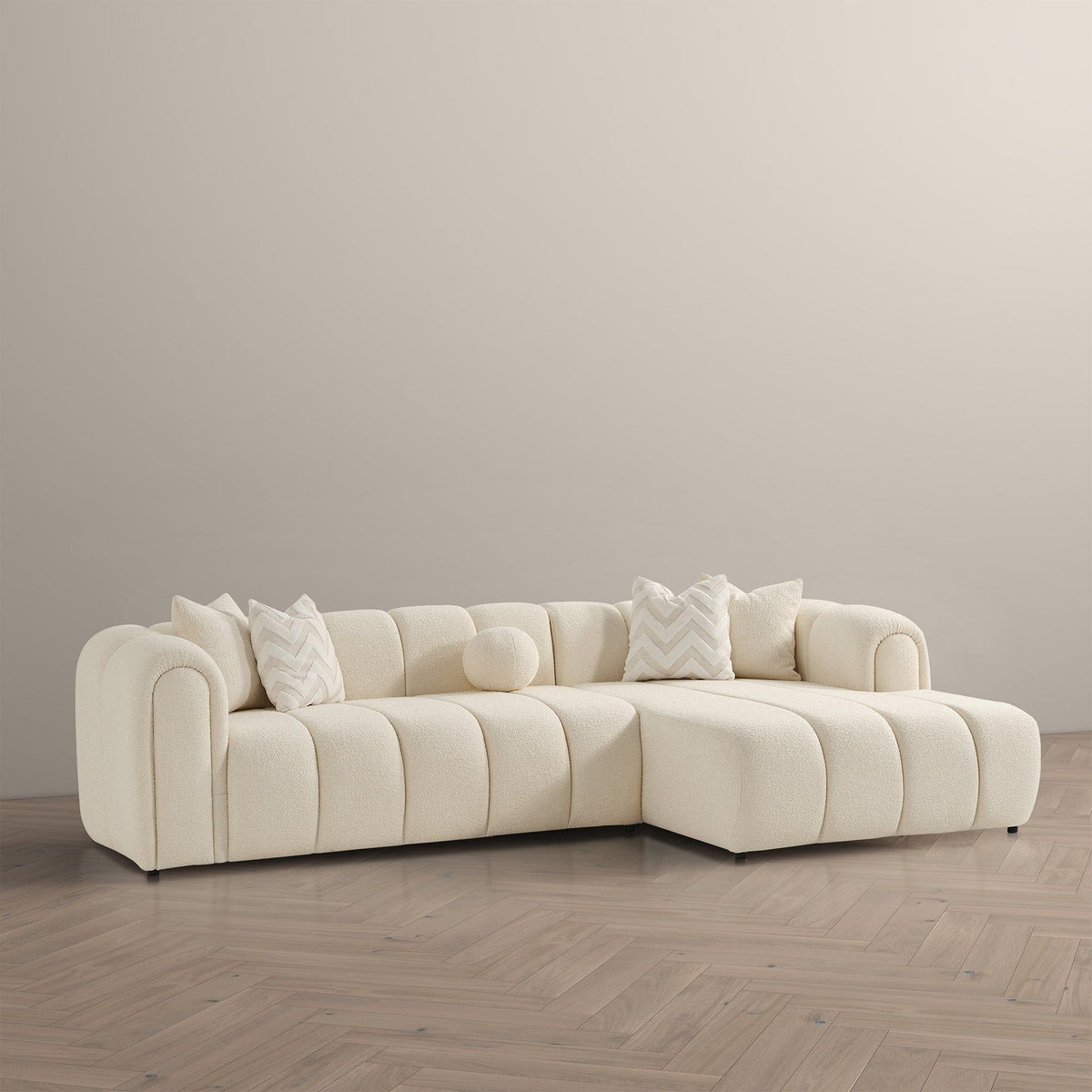 Modern Tufted Right Sectional Sofa with Toss Pillows - Ivory