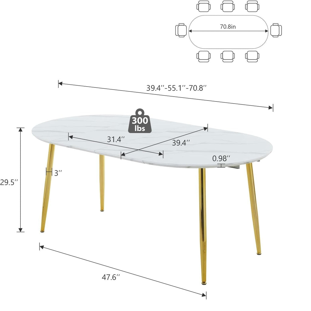 Extendable Oval Dining Table with Durable White Marble Top - White