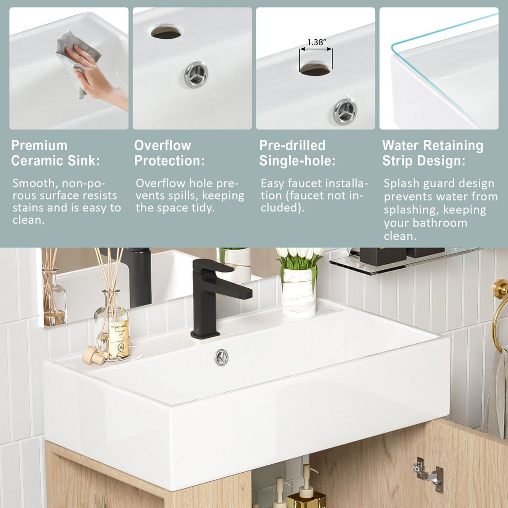 Bathroom Vanity with Single Ceramic Sink and Side Storage - Multiple Colors