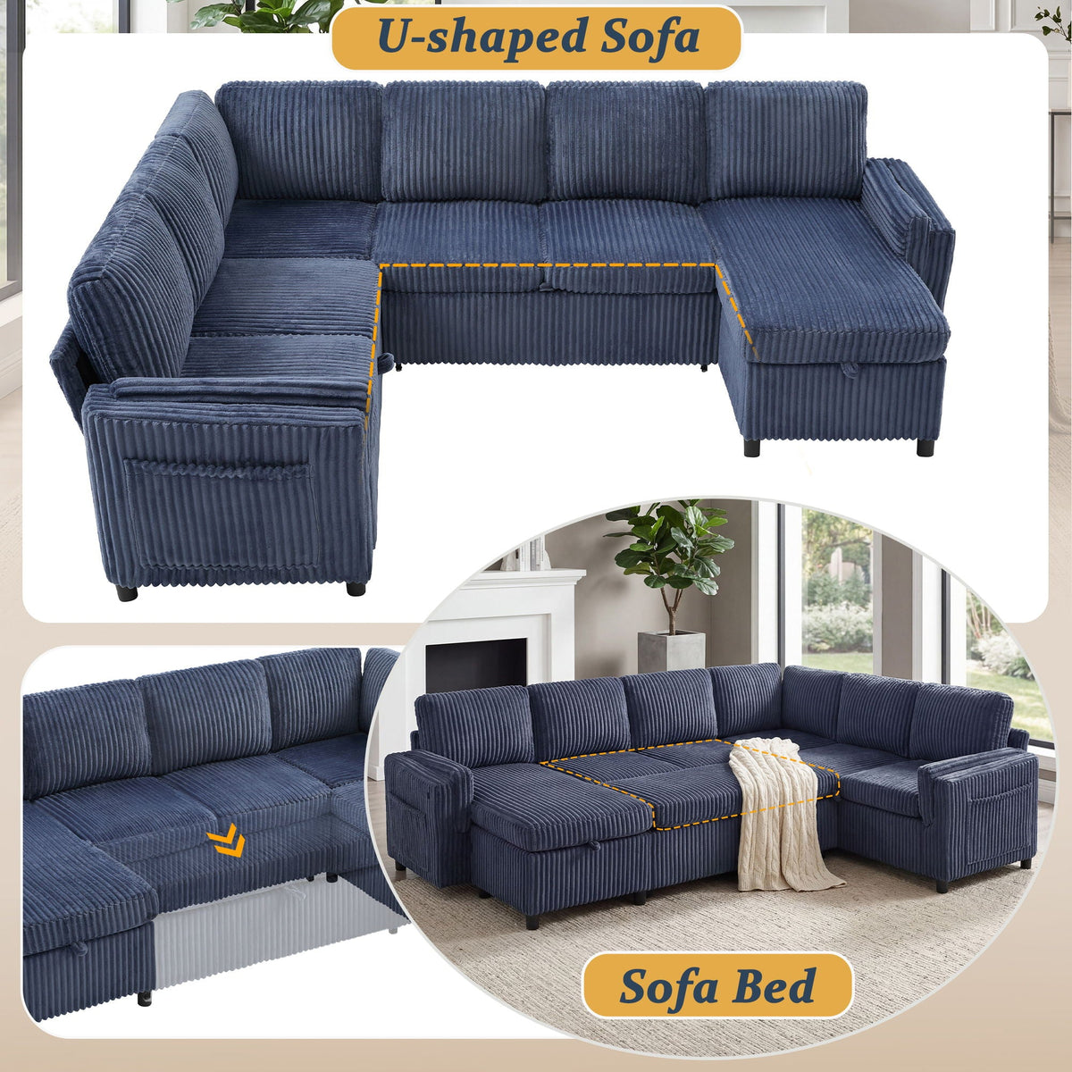 Convertible U-Shaped Sectional Sofa Bed with USB Ports and Storage – Black, Dark Gray, Blue