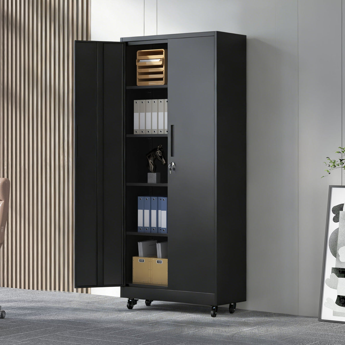 Black Storage Cabinet with Wheels and Adjustable Shelves - Locking Security