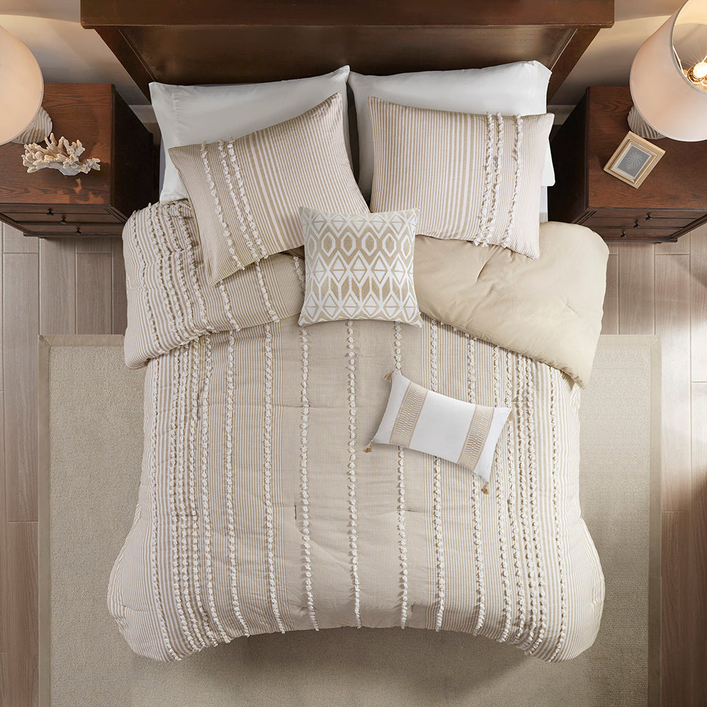 Full/Queen 3 Piece Cotton Yarn Dyed Comforter Set with Tufted Embroidery - Taupe