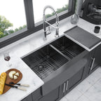 Black Double Bowl Farmhouse Sink with Soundproofing - Stainless Steel