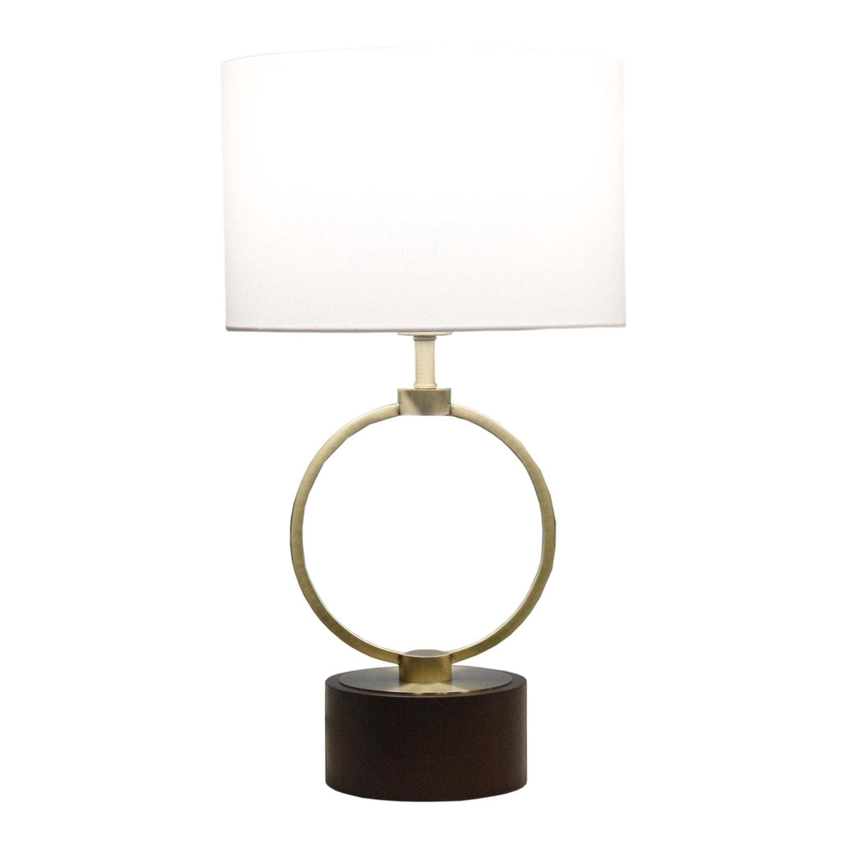 Nordic Table Lamp with Grid Metal Circular Design and Linen Shade - Bronze/Walnut