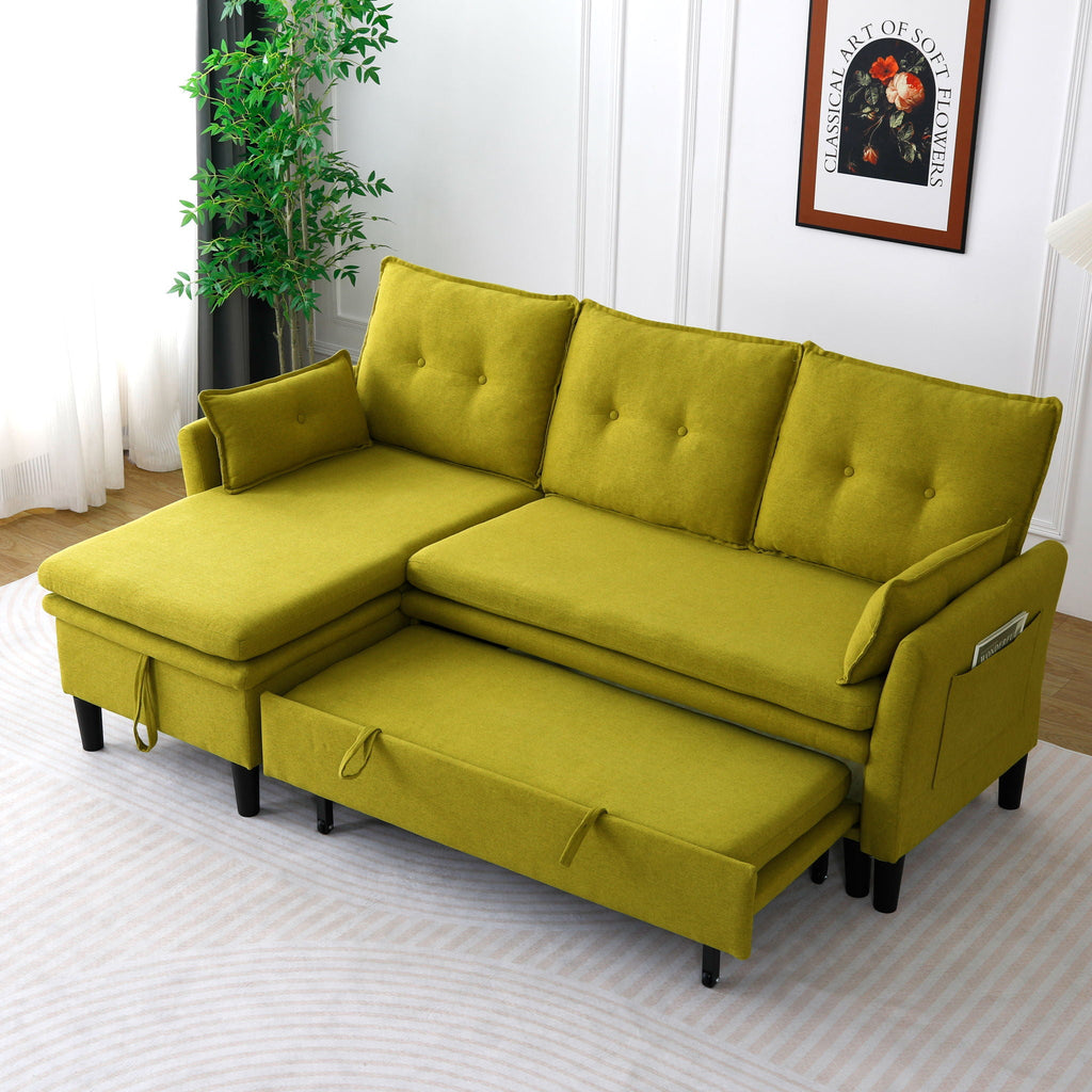 Reversible Chaise Sleeper Sectional Sofa with Storage - Cotton-Linen Upholstery