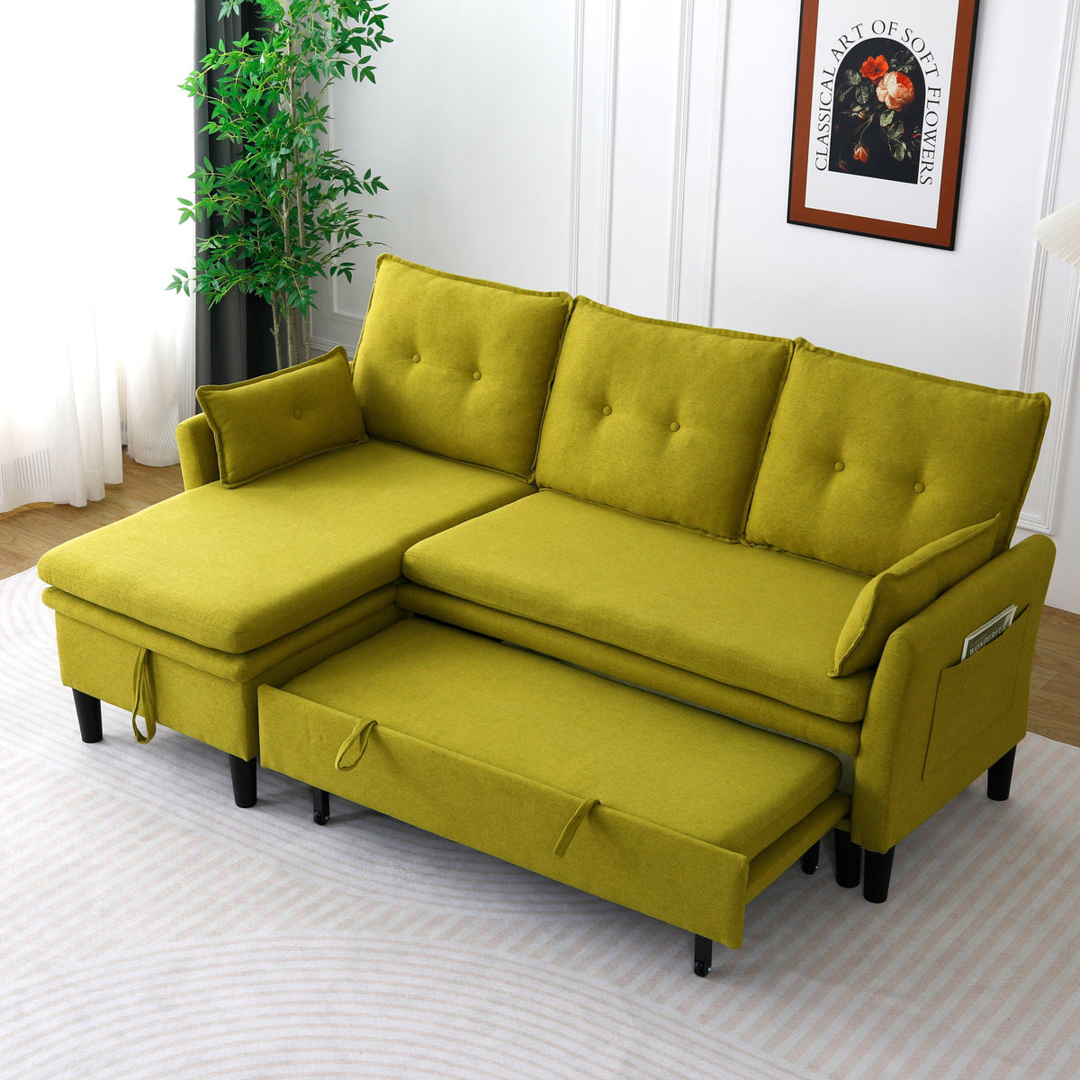 Reversible Chaise Sleeper Sectional Sofa with Storage - Cotton-Linen Upholstery
