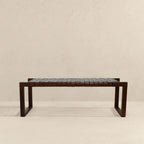 Cognac Brown Upholstered Bench with Genuine Leather Seat - Mid-Century Modern