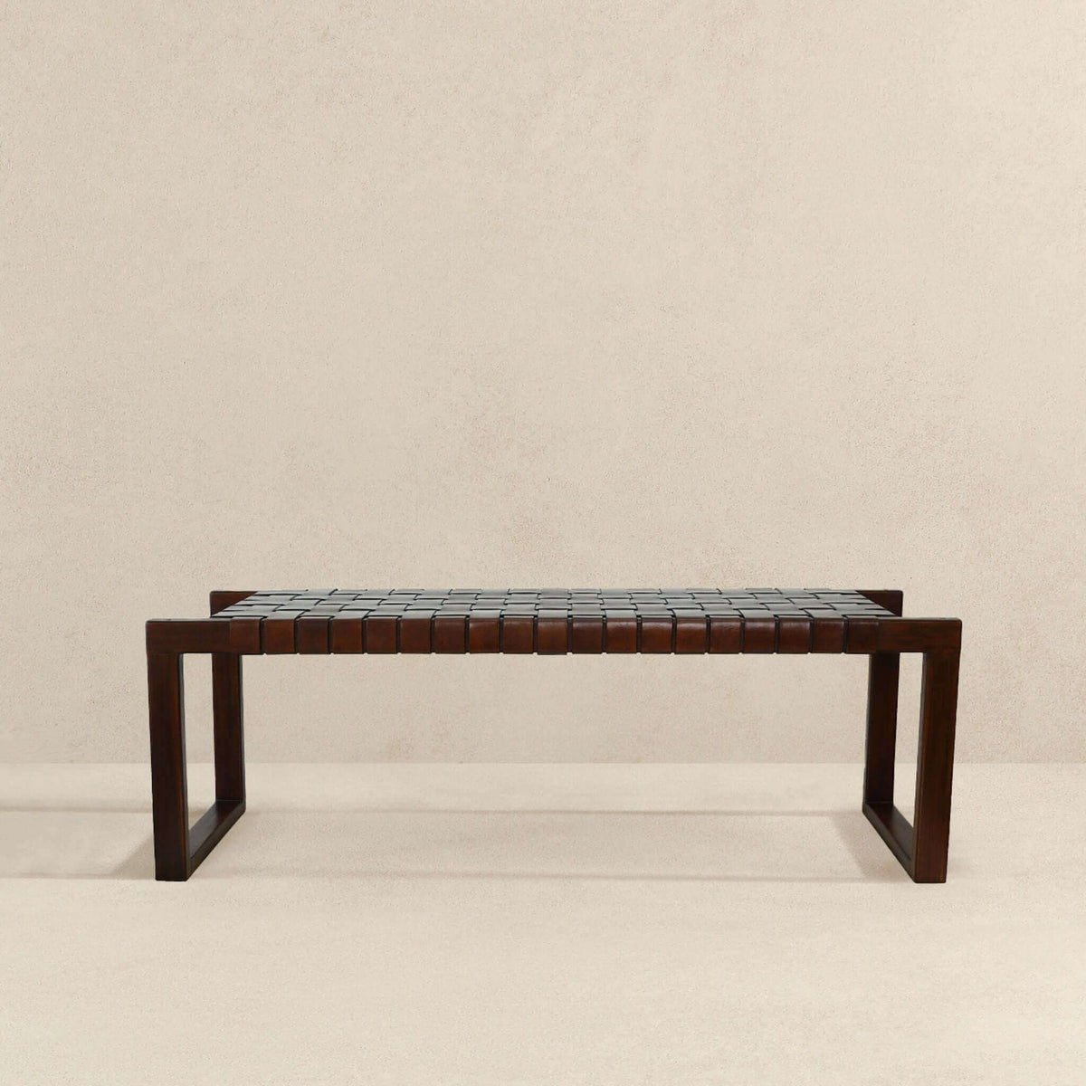 Cognac Brown Upholstered Bench with Genuine Leather Seat - Mid-Century Modern