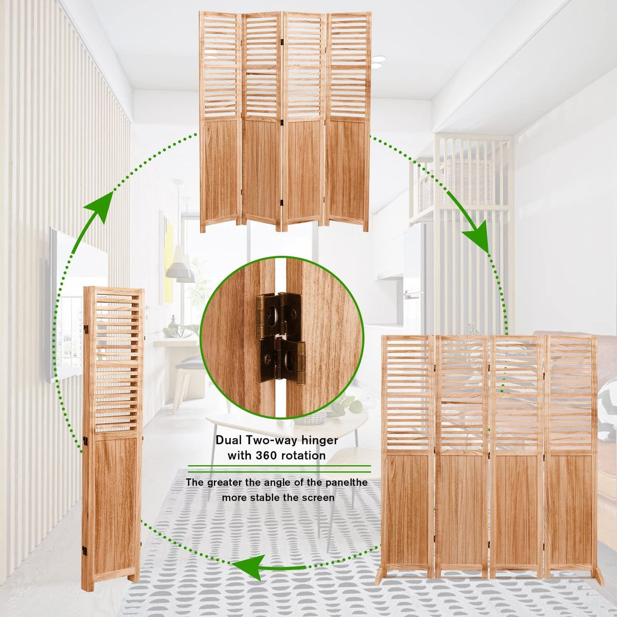 Light Brown Panel Folding Room Divider with Metal Hinges - Solid Wood