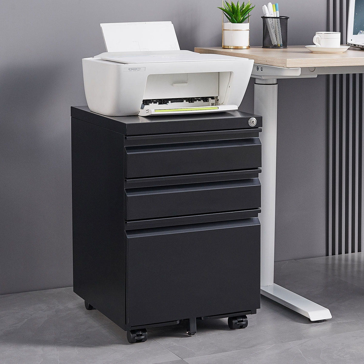 Contemporary 3 Drawer Mobile Filing Cabinet With Lock