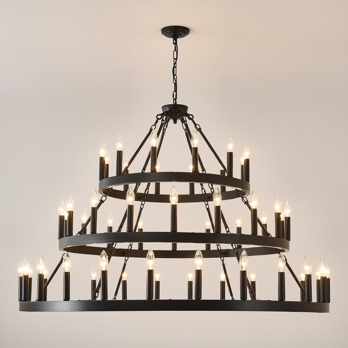3 Tiers Wagon Wheel Chandelier with 54 Lights - Matte Black
