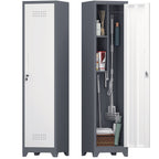 Broom Storage Cabinet Narrow Slim with Hooks and Shelves, Heavy-Duty