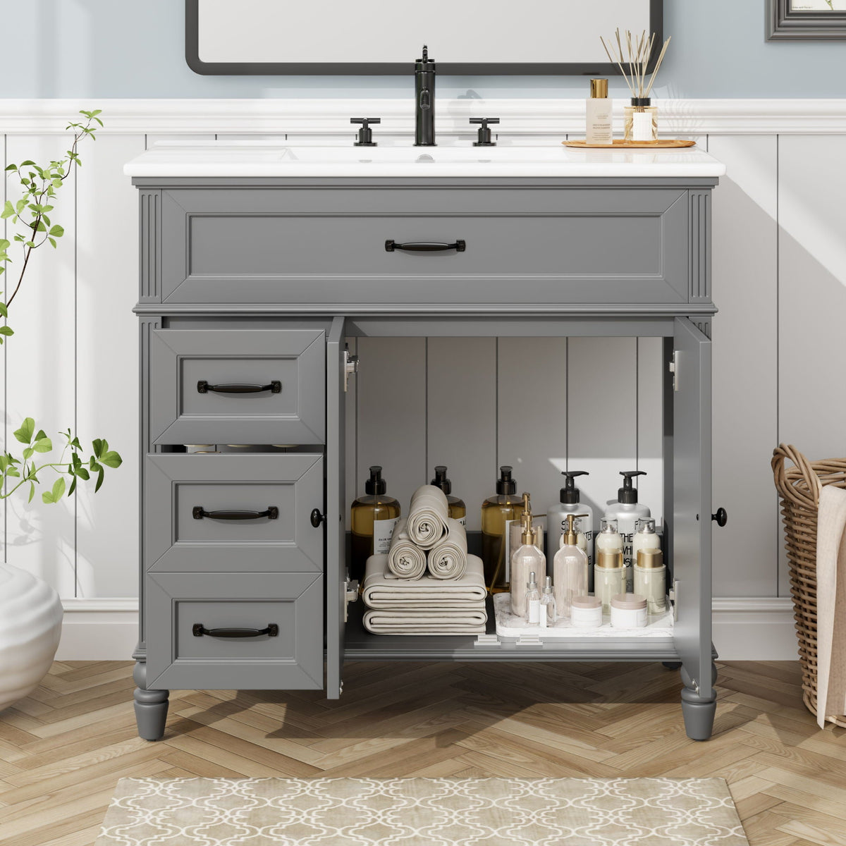 Bathroom Vanity With Sink and Drawers - Freestanding Solid Wood Cabinet