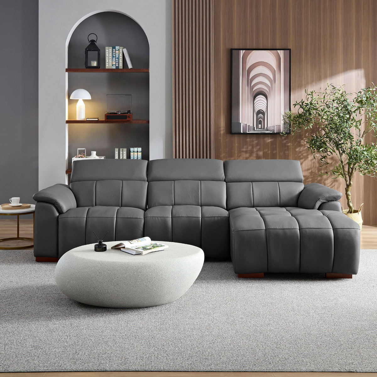Modern Wall-Hugger Reclining Sofa with Electric Control - Genuine Leather
