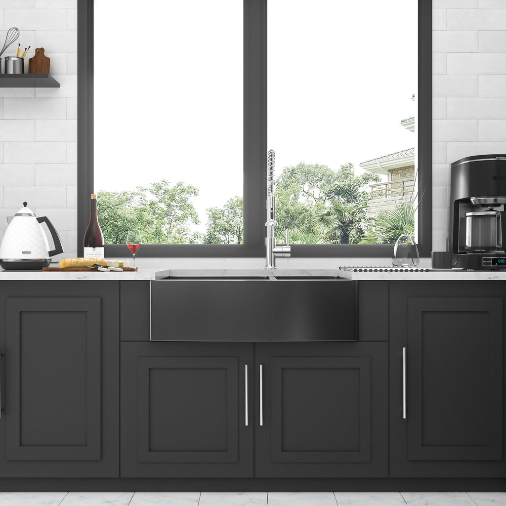 Black Double Bowl Farmhouse Sink with Soundproofing - Stainless Steel