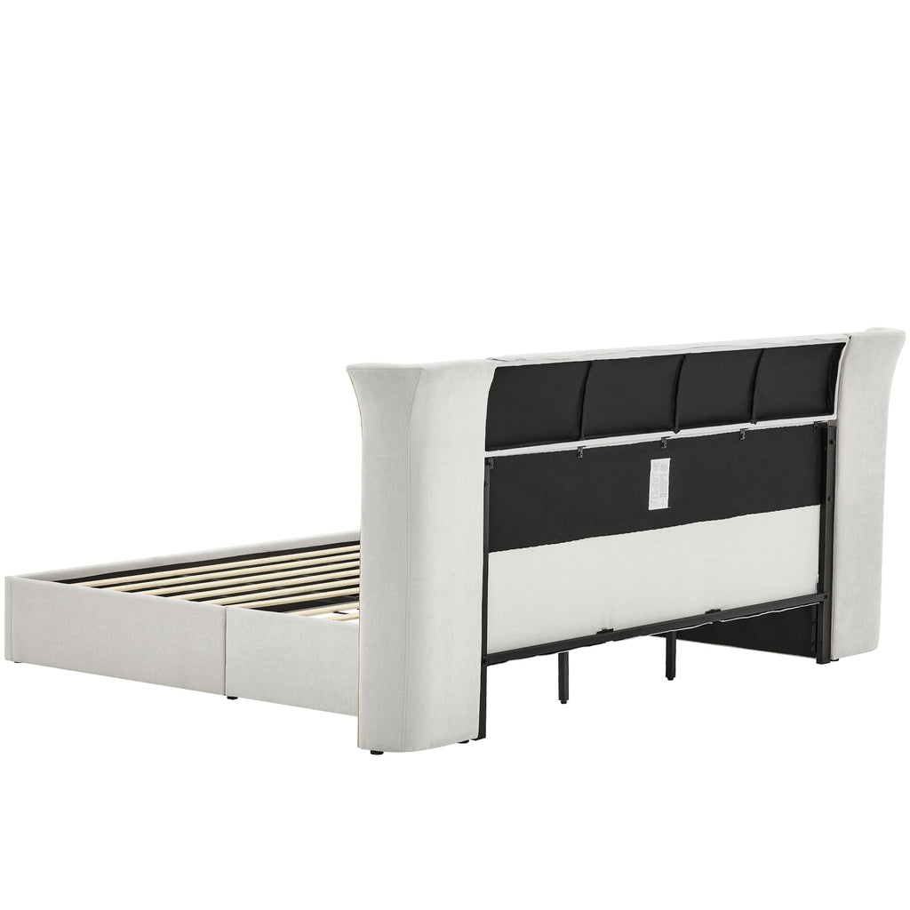 King Size Luxury Wing-Back Upholstered Bed Frame with Padded Headboard - Beige