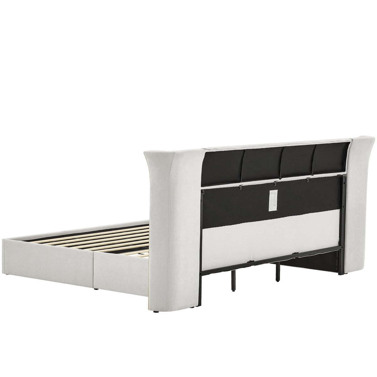 King Size Luxury Wing-Back Upholstered Bed Frame with Padded Headboard - Beige