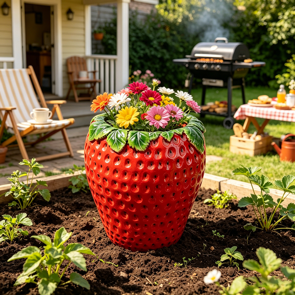 Strawberry Shaped Planter Pot with Weather-Resistant Resin - Red