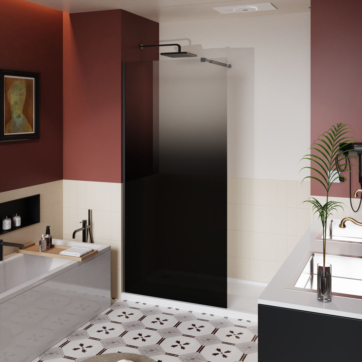 Gradient Shower Door with Handle - Matte Black Finish, Tempered Glass