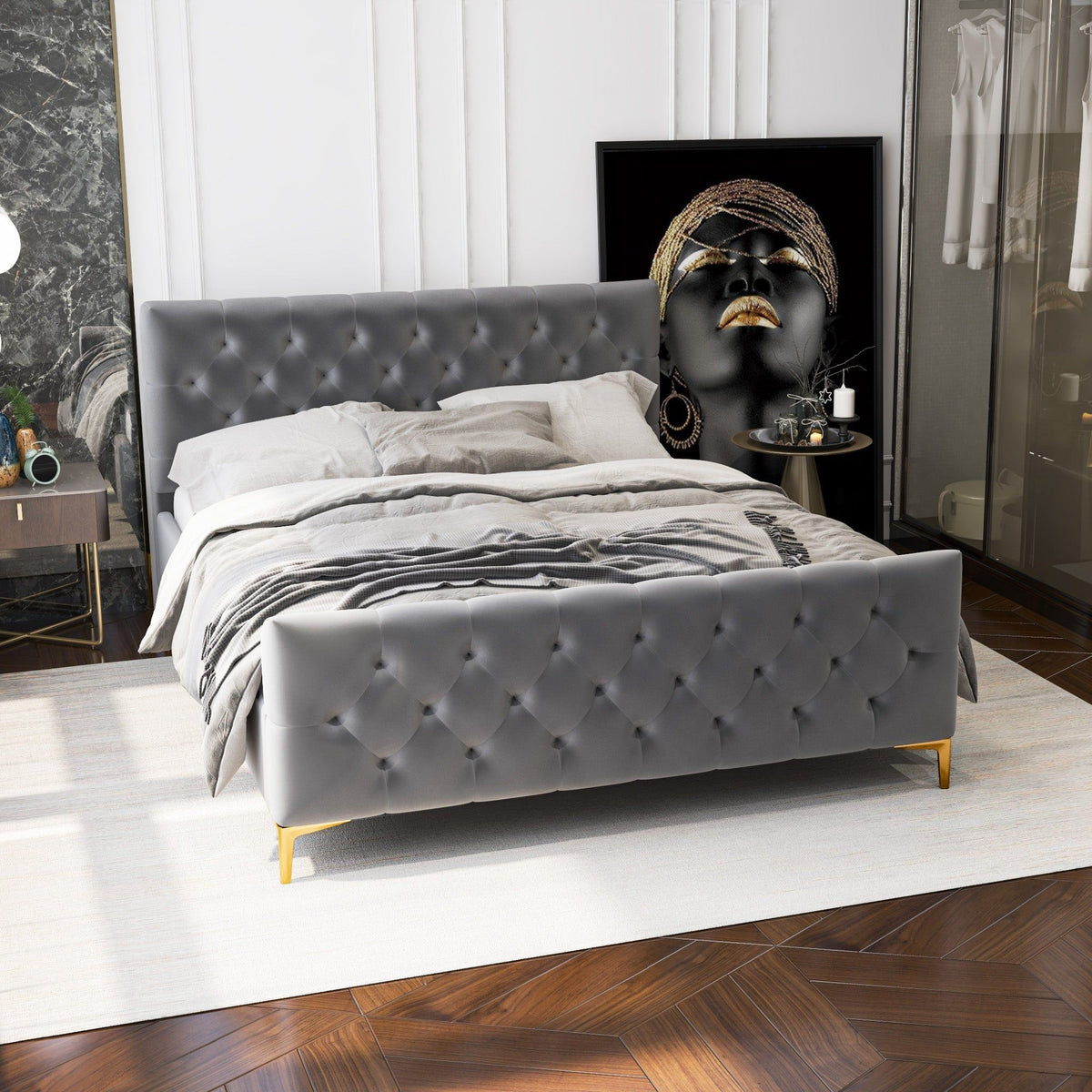 Elegant Design Upholstered Bed with Solid Wood Frame - Dark Gray