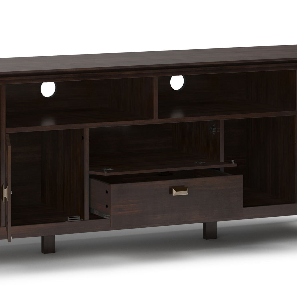 Tobacco Brown TV Stand with Tempered Glass Doors - Solid Wood