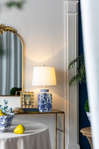 Blue and White Ceramic Vase Table Lamp with Linen Shade - White + Blue
