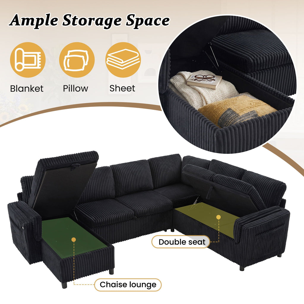 Convertible U-Shaped Sectional Sofa Bed with USB Ports and Storage – Black, Dark Gray, Blue