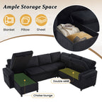 Convertible U-Shaped Sectional Sofa Bed with USB Ports and Storage – Black, Dark Gray, Blue