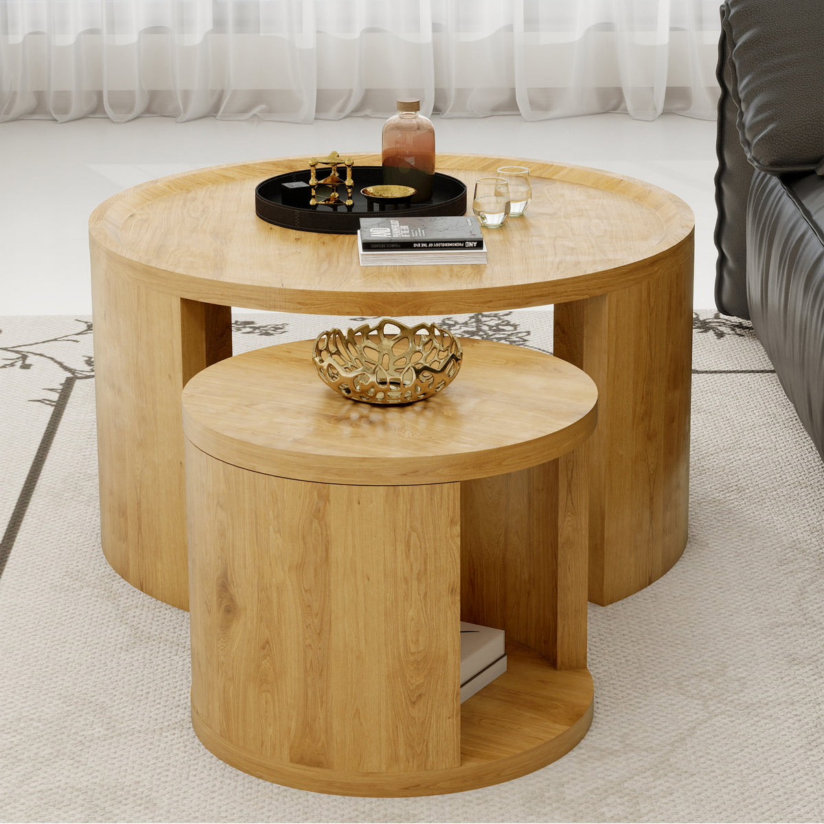 Modern Round Nesting Coffee Table Set of 2 with Wood Tops