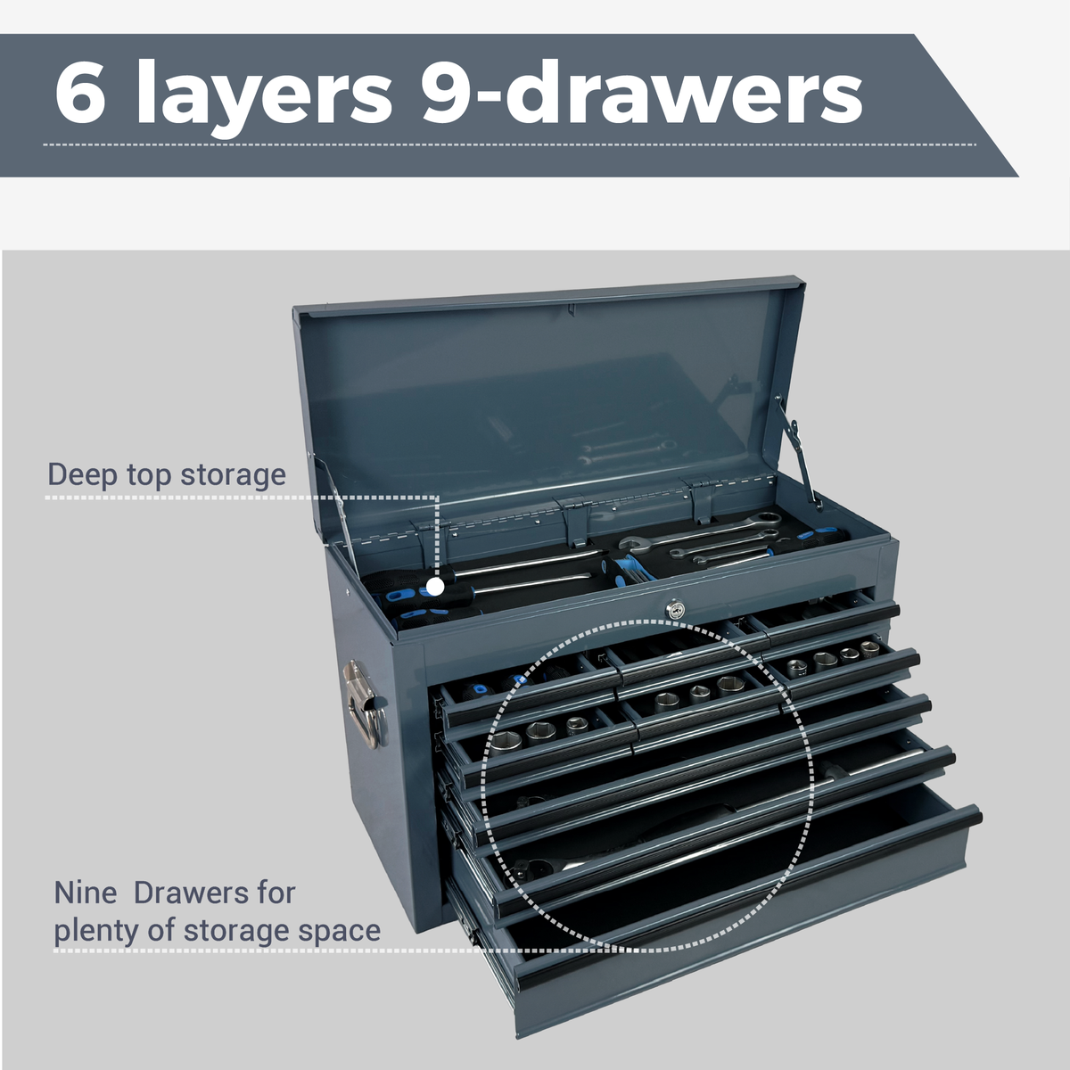 Heavy Duty Metal Tool Box with 9 Drawers - Multiple Colors