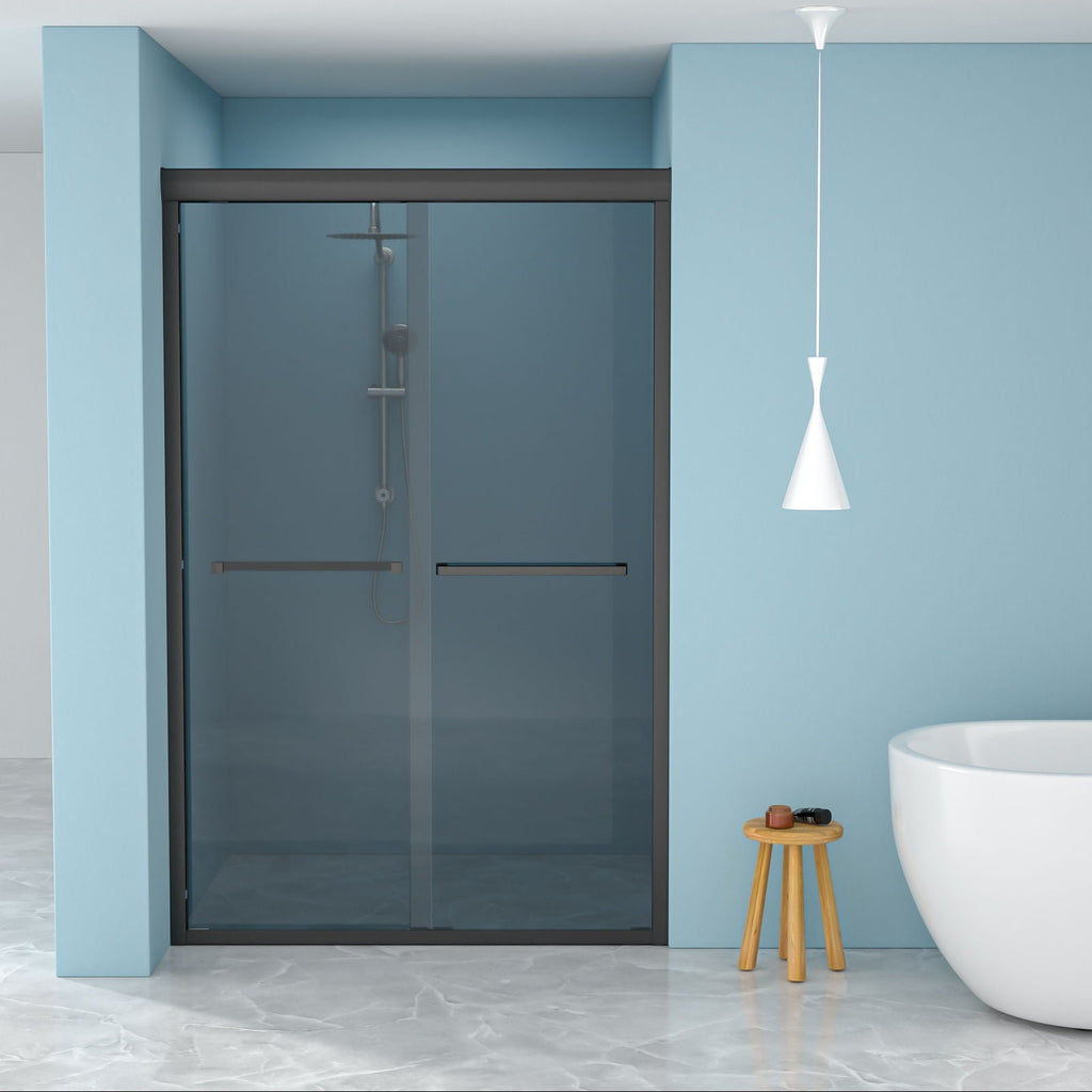 Double Sliding Glass Shower Door with Tempered Glass - Matte Black