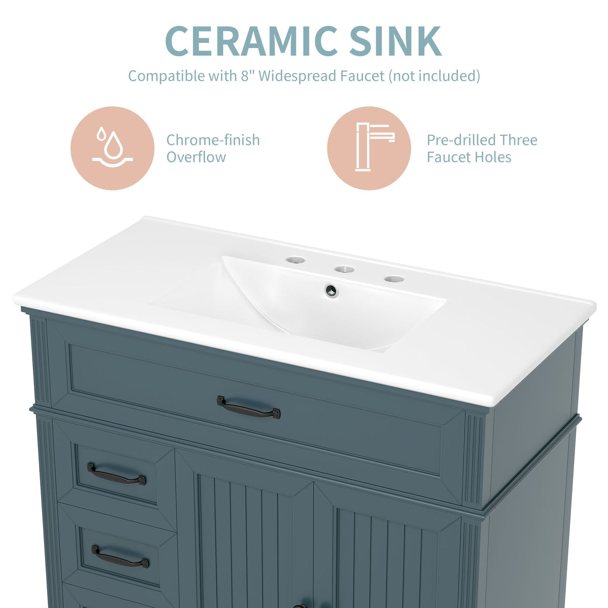 Bathroom Vanity With Sink and Drawers - Freestanding Solid Wood Cabinet