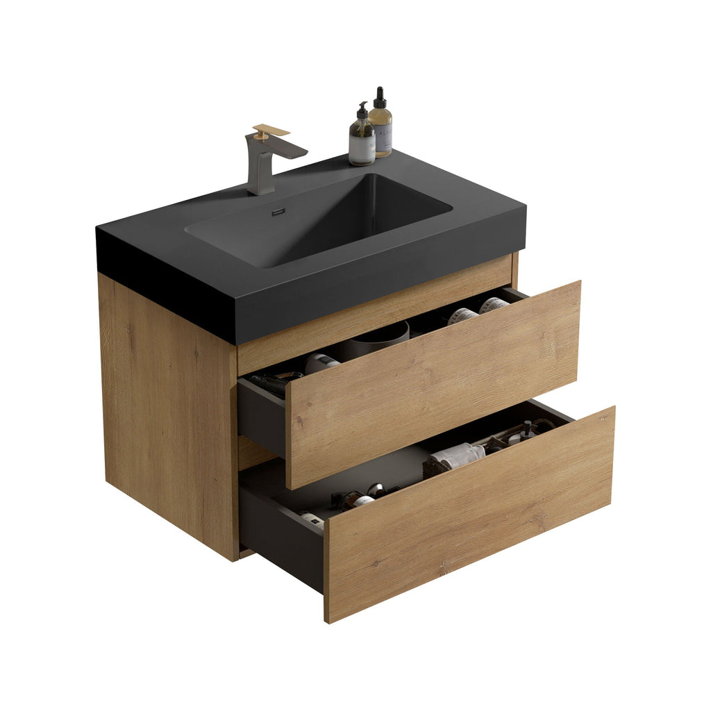 Natural Oak Bathroom Vanity with Floating Quartz Sink - Light Brown