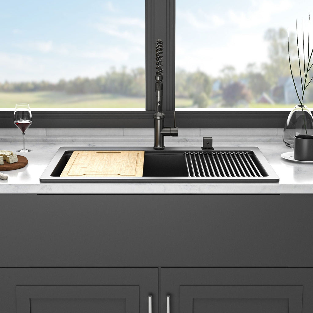 Granite Composite Quartz Kitchen Sink with Workstation - Drop In - Black or White