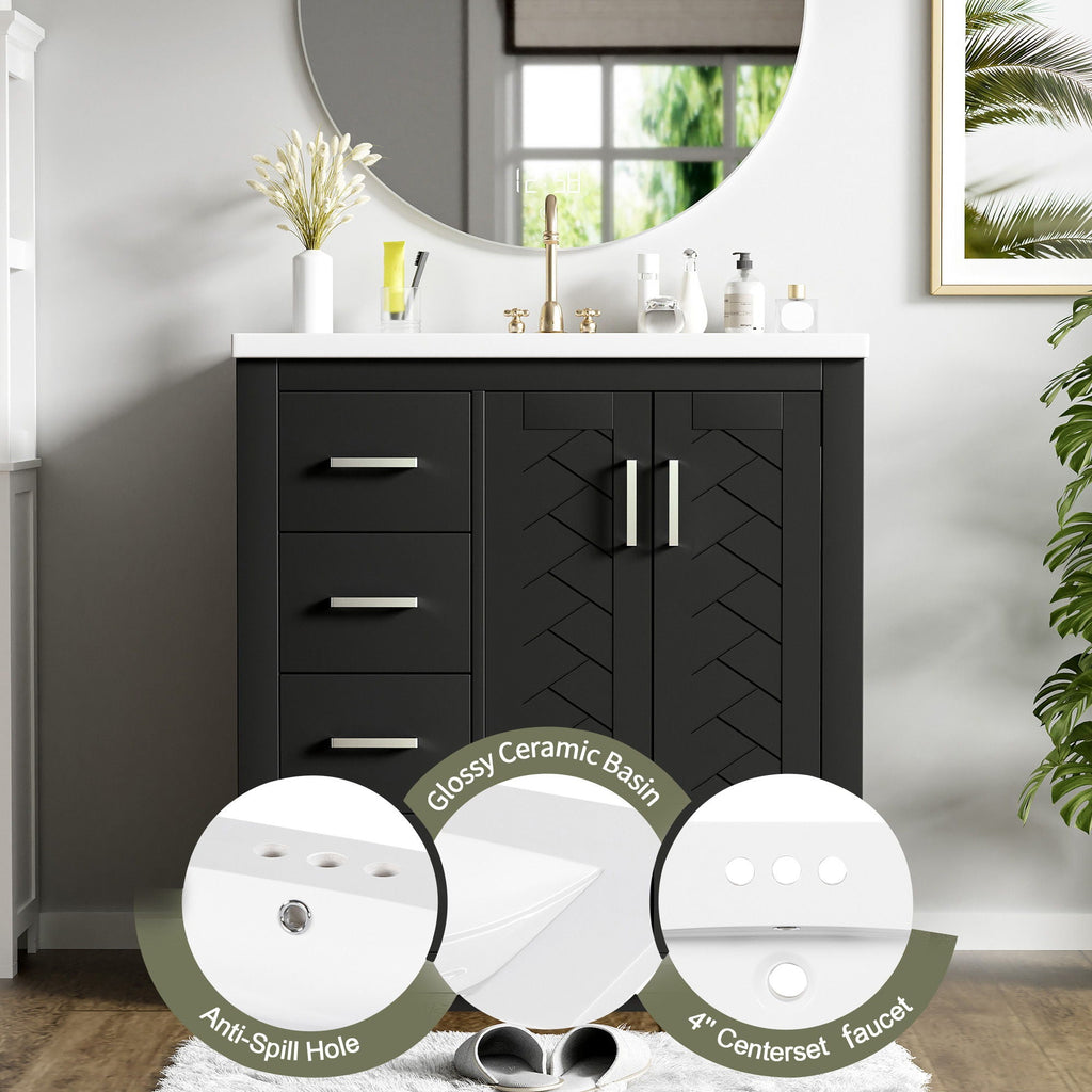 Ceramic Sink Vanity Combo with 3 Drawers and Soft Closing Doors - 30"