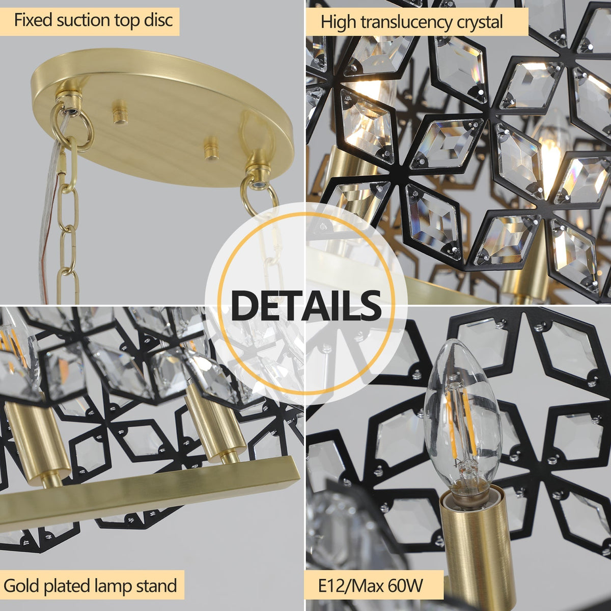 39" Contemporary Crystal Pendant Chandelier with K9 Crystal - Black & Gold