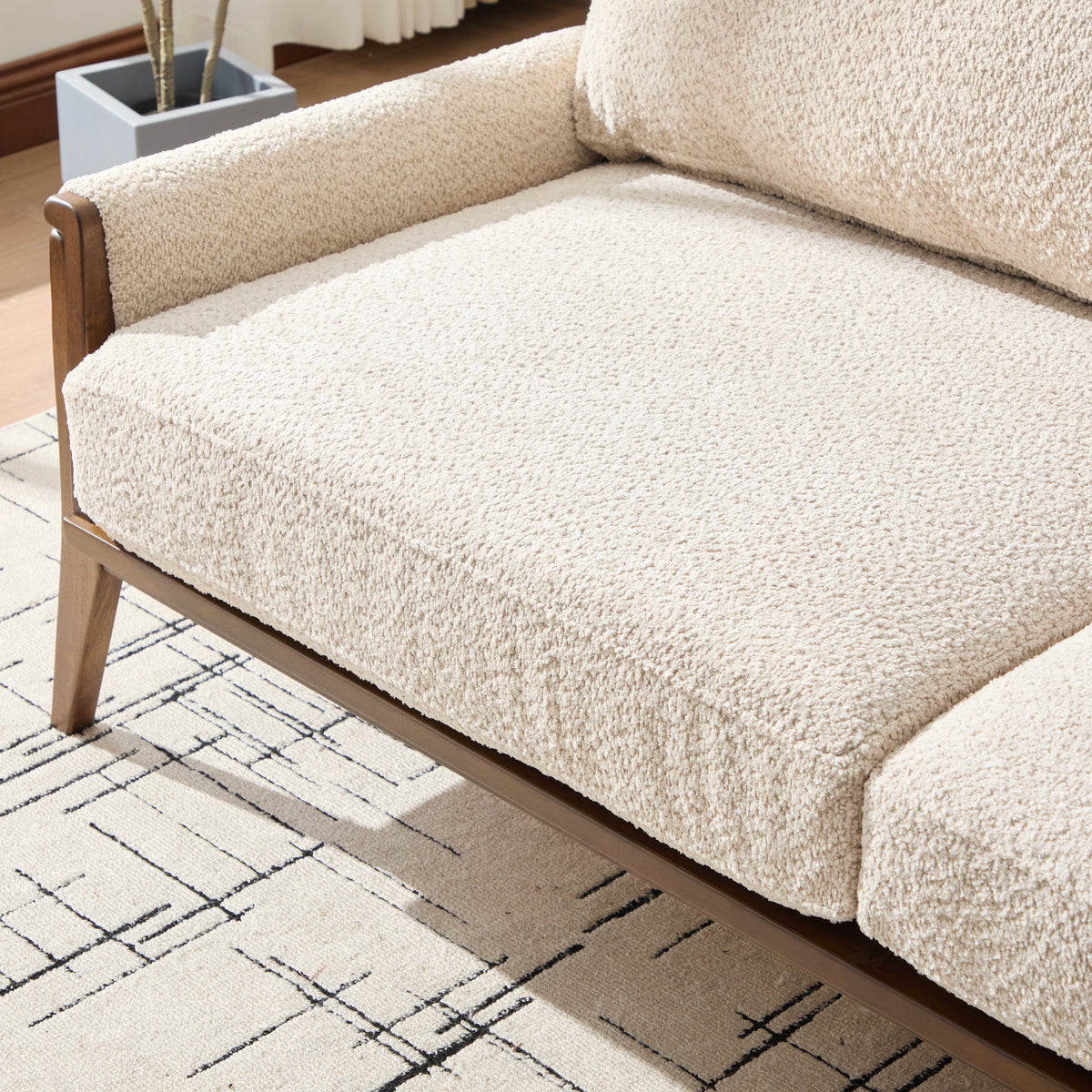 Mid-Century Modern Boucle Fabric Sofa with Solid Wood Frame