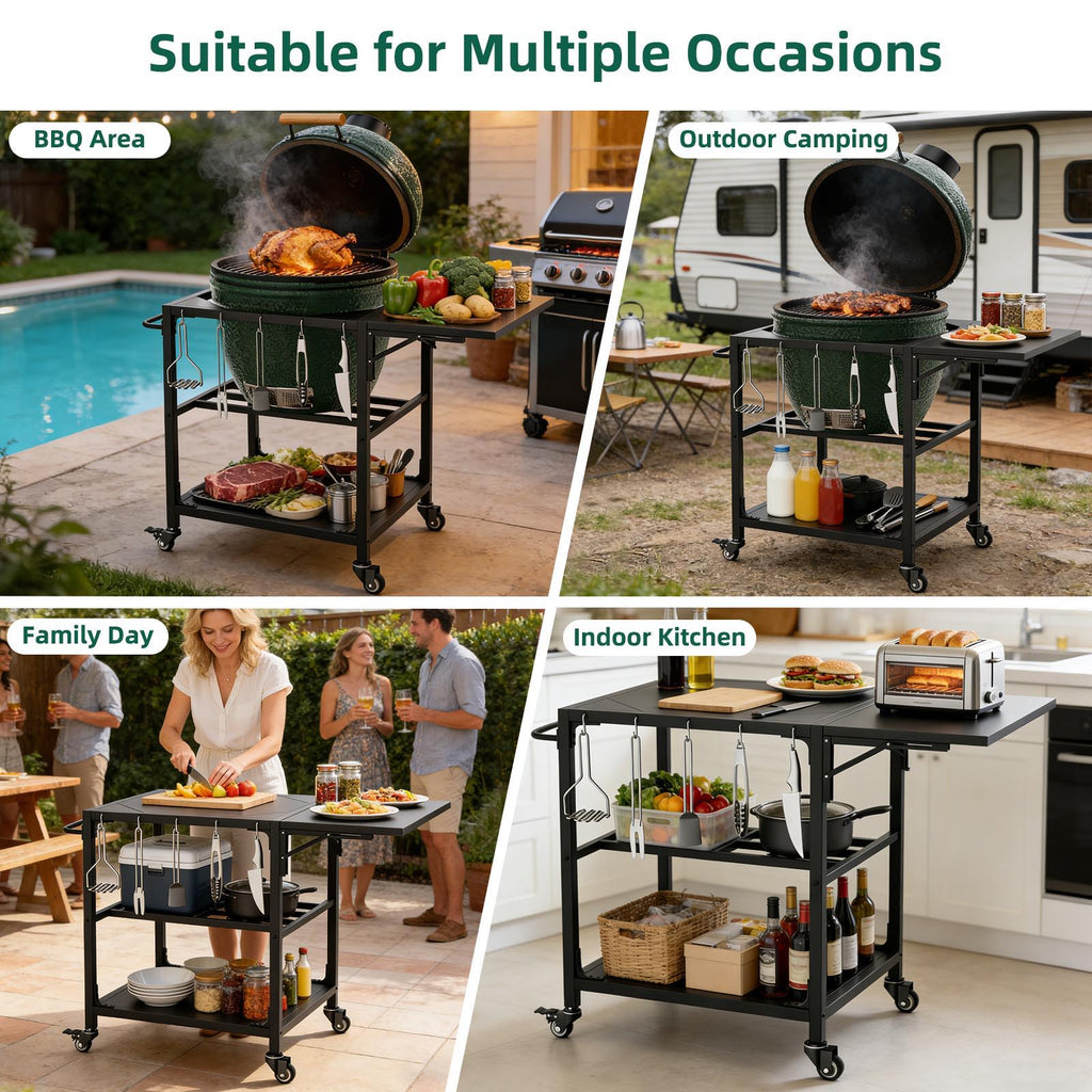 Outdoor Grill Table with Wheels and Storage Shelf - Black