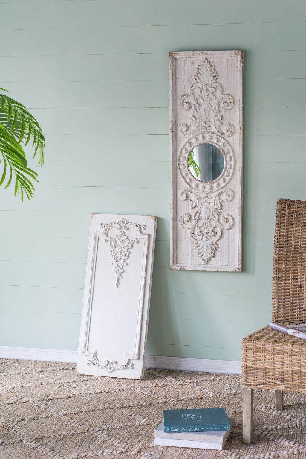 Large Wooden Wall Art Panels with Distressed Round Mirror Accents - White