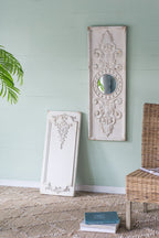 Large Wooden Wall Art Panels with Distressed Round Mirror Accents - White