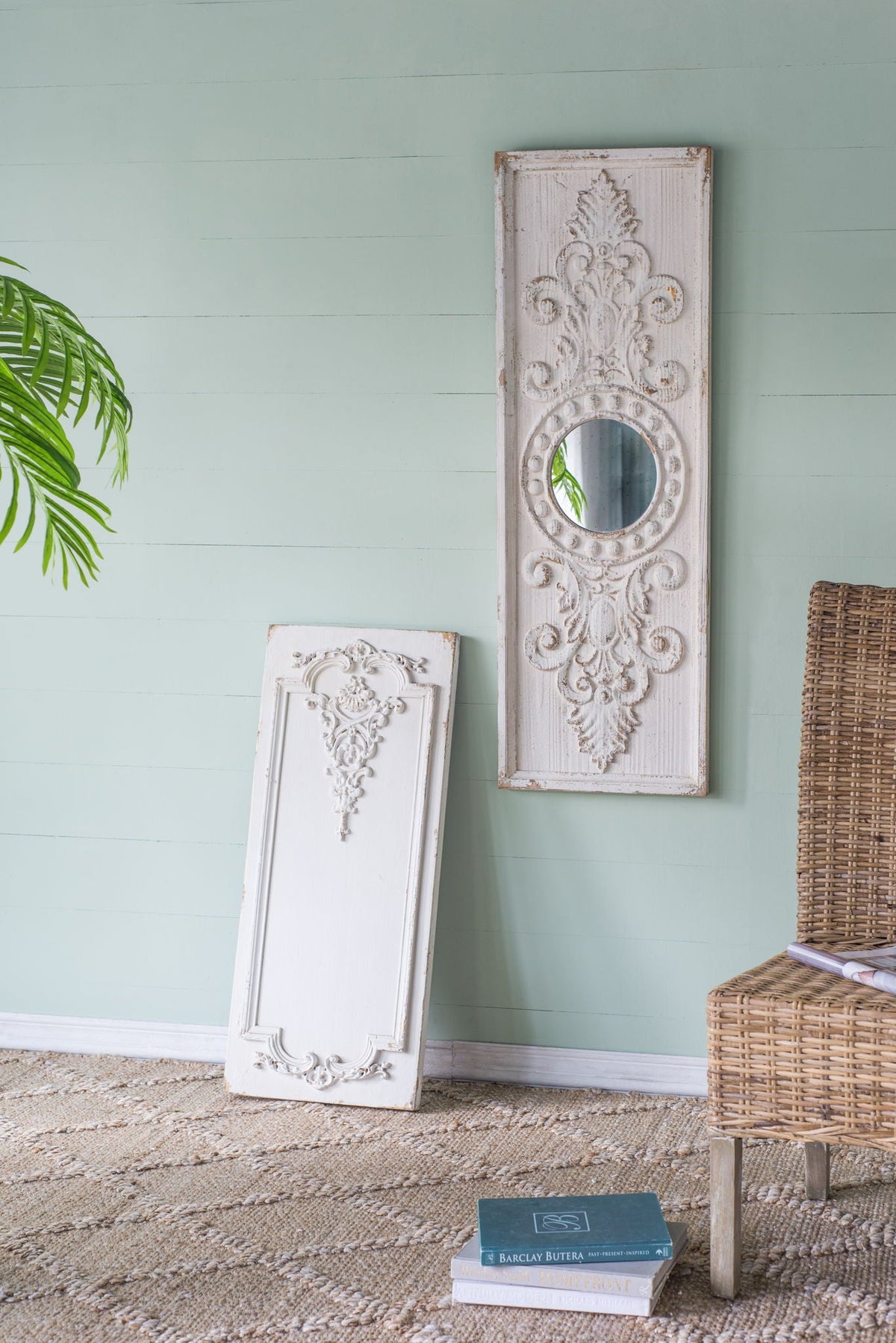 Large Wooden Wall Art Panels with Distressed Round Mirror Accents - White