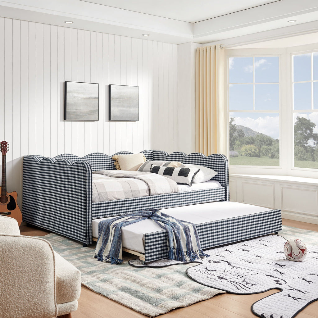 Gingham Daybed with USB Charging Port and Wave-Shaped Design - Multiple Colors
